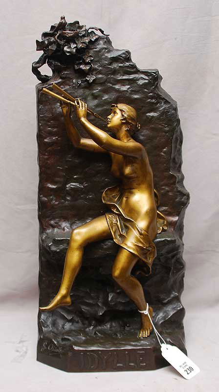 Gustavo Obiols Delgado (SPANISH, 1858) Bronze Scul: Gustavo Obiols Delgado (SPANISH, 1858) Bronze Sculpture brown & gilt patina, "IDYLLE" 22"tall x 10"wide, Salon Des Bx Arts
