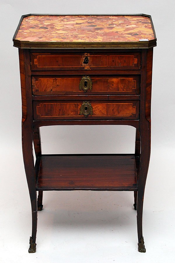 French 19th c. 3 drawer stand : French 19th c. 3 drawer stand (one escutcheon missing)marble top & gallery