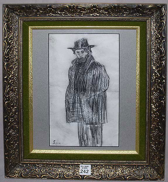 After Maximilien Luce. (French 1858-1941) "L'Homme: After Maximilien Luce. (French 1858-1941) "L'Homme au Chapeau", circa 1935. Black chalk, lavis on laid paper. 12 3/4" x 7 1/2"