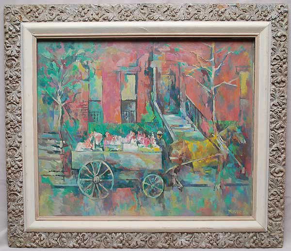 Robert Moore, oil on masonite, old paper on verso: Robert Moore, oil on masonite, old paper on verso reads "New York Spring" Robert Moore WPB Florida, signed Moore dated '62
