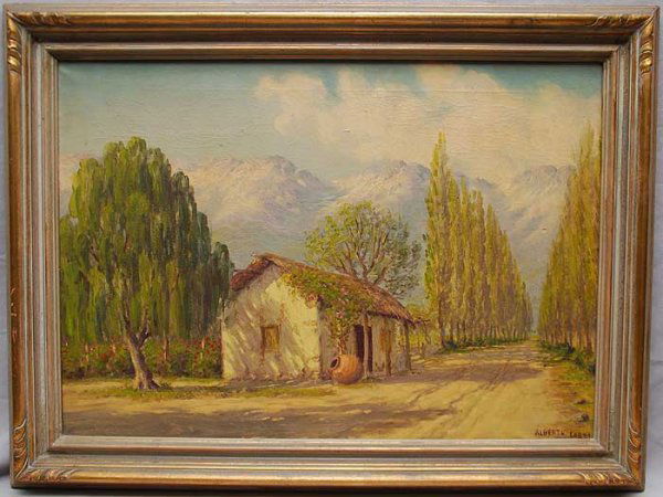 Spanish School Alberto Lobos 20th Century, small h: Spanish School Alberto Lobos 20th Century, small house by road, oil on canvas, 17"x24"