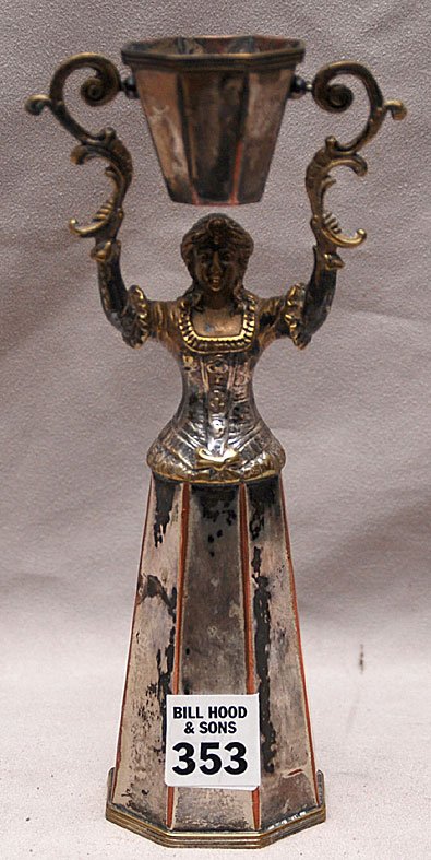 Sheffield silver plate lady holding measure, loss: Sheffield silver plate lady holding measure, loss to the silver, 8 1/2"h