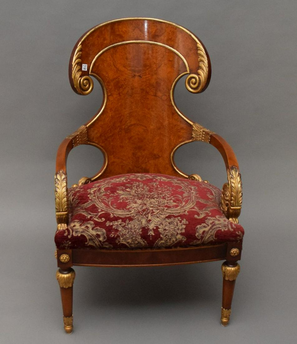 Burled Wood Arm Chair with Gilded Accents, Red Brocade (1 of 5)