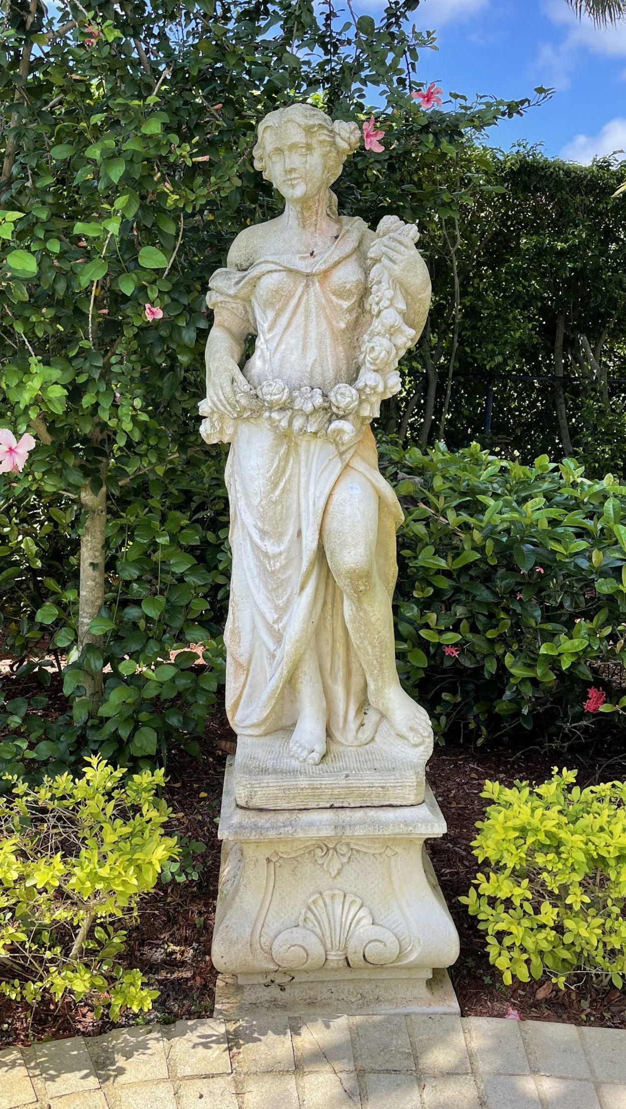 Vintage Cement Garden Statue, Maiden with Garland of (1 of 4)