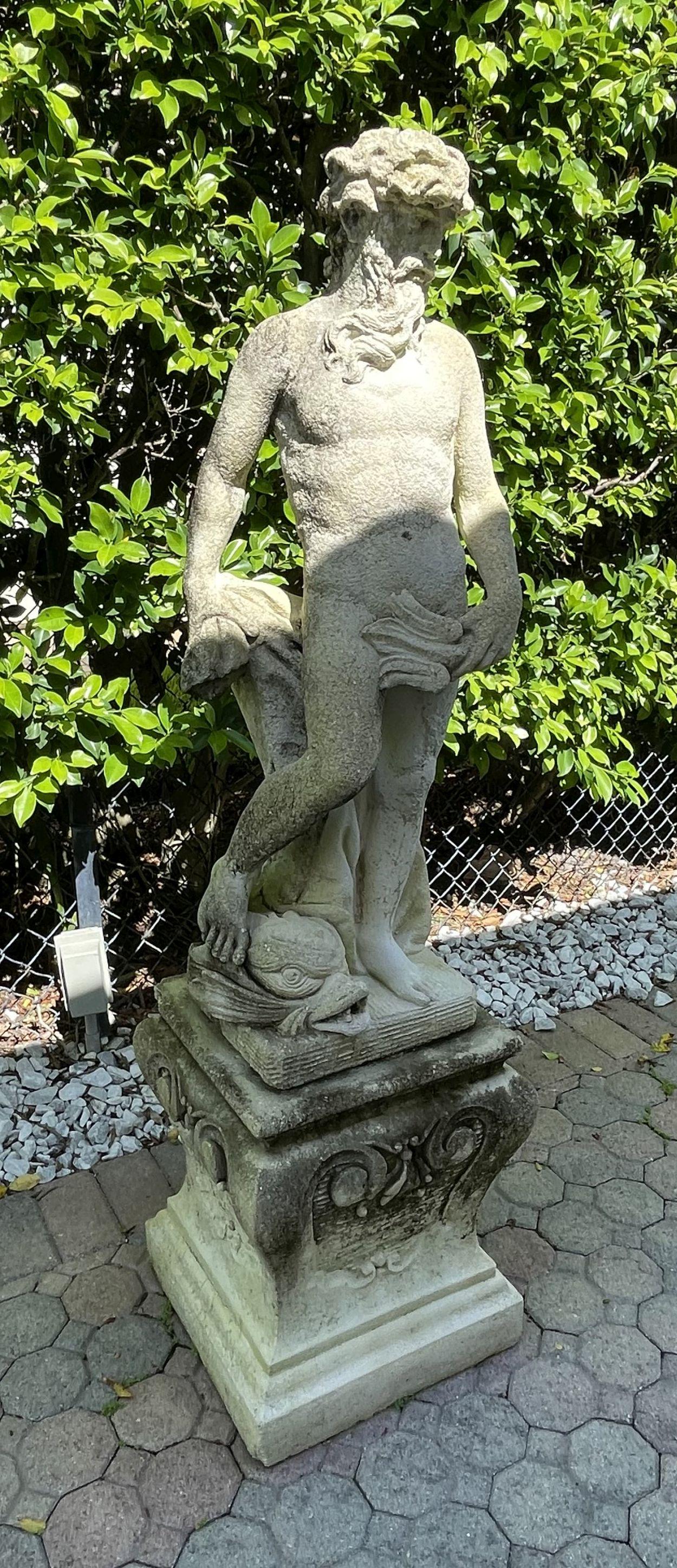Cement "Neptune" Garden Statue with Dolphin, 41"h and: Cement "Neptune" Garden Statue with Dolphin, 41"h and 19"h base