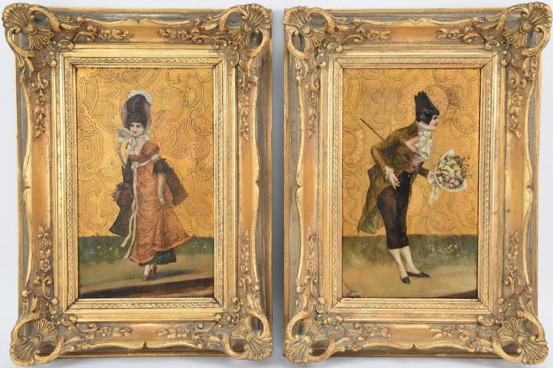 Pair Paintings on Leather, 2 Ladies in Fancy Dress (1 of 5)