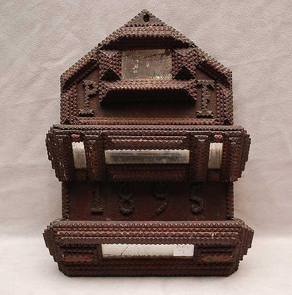 Tramp art comb holder with initials PF, 1895, 14"h: Tramp art comb holder with initials PF, 1895, 14"h