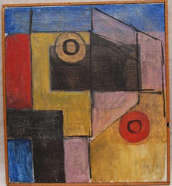 Ernest Mancoba (1910-2002) oil on canvas, Modernis: Ernest Mancoba (1910-2002) oil on canvas, Modernist Composition, 19-1/2"x17-1/2"