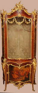 19th century French Ormalu vitrine / gilt bronze: 19th c. French vitrine with 3 serpentine glass panels, hand painted door panel and gilded bronze mounts, (bottom is locked & we cannot get in) It does have two shelves (sorry didnt make the pictures),