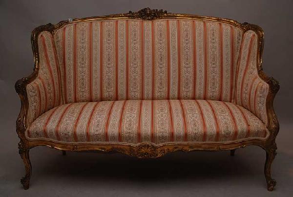 Antique French Louis XV settee with gilded wood ca: Antique French Louis XV settee with gilded wood carved frame, 57"x40"tall