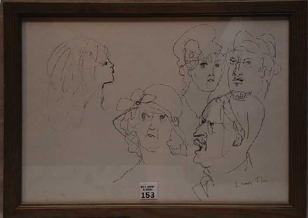 Leonor Fini (FRENCH, 1908-1996) ink on paper, sket: Leonor Fini (FRENCH, 1908-1996) ink on paper, sketch/drawing Heads tree women & two men, L12"x16"