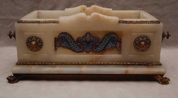 Alabaster jardiniere with Champleve enameled gilt: Alabaster jardiniere with Champleve enameled gilt bronze mounts on paw feet, 6 1/4"h x 13"w