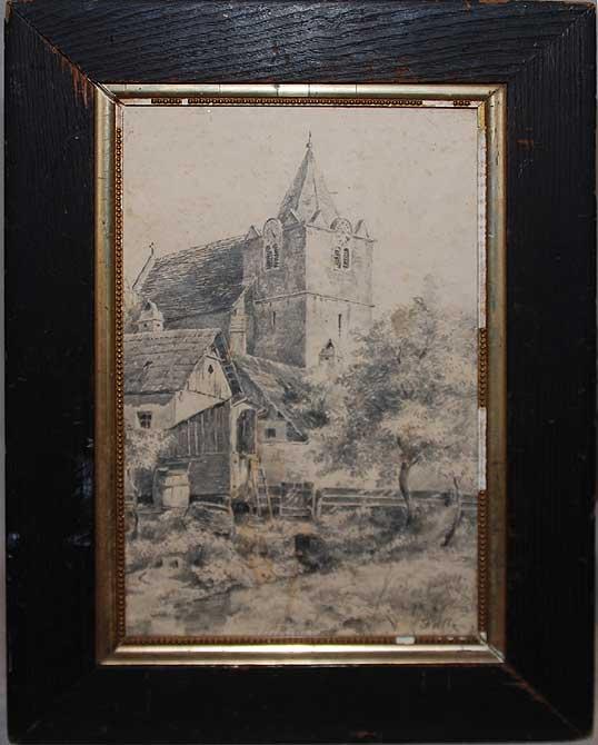 Friedrich Voltz, Austrian (1817-1886) Austrian vil: Friedrich Voltz, Austrian (1817-1886) Austrian village drawing (pencil, charcoal) signed lower right F. Voltz, 8" x 12 3/4" original frame