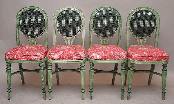 4 painted green antique side chairs with coned bac: 4 painted green antique side chairs with coned backs and Ralph Lauren toile style fabric seat covers