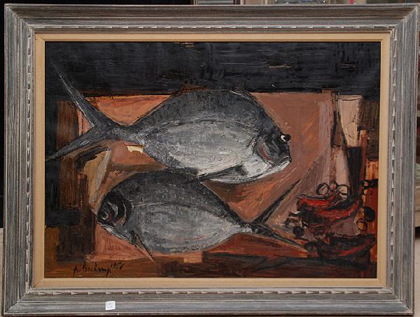 Painting still life two fish signed P. Longchamp, : Painting still life two fish signed P. Longchamp, oil on paper (has 8"tear on left side of top fish) painting size 26"x 36"