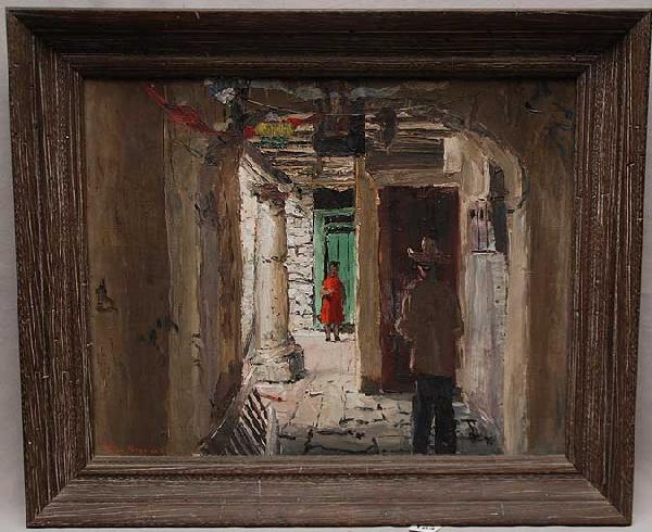 PETER HAYWARD American (1905-1993) oil on canvas,: PETER HAYWARD American (1905-1993) oil on canvas, man with hat and girl in red dress, 16"x20"