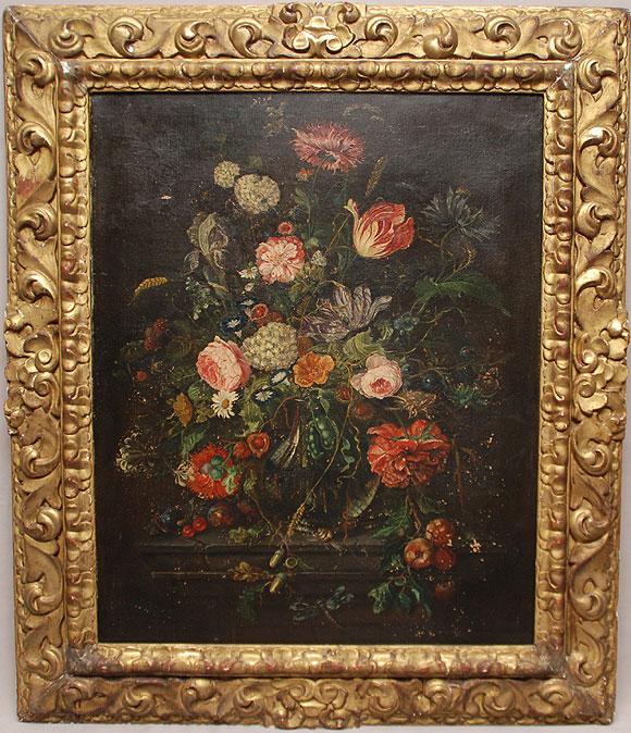 18th Century Continental School, oil on canvas, f: 18th Century Continental School, oil on canvas, floral still life in period gilt frame, 28"x21"