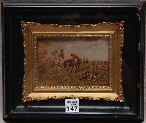 English School 19th Century oil on board, Hunt Sce: English School 19th Century oil on board, Hunt Scene, in shadow box w/ gilt frame, 4"x6"