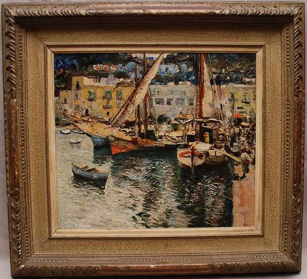 Italian school ca. 1920's-30's, Italian village, b: Italian school ca. 1920's-30's, Italian village, boats at docks side, oil on board, signed illegibly 14"x16"