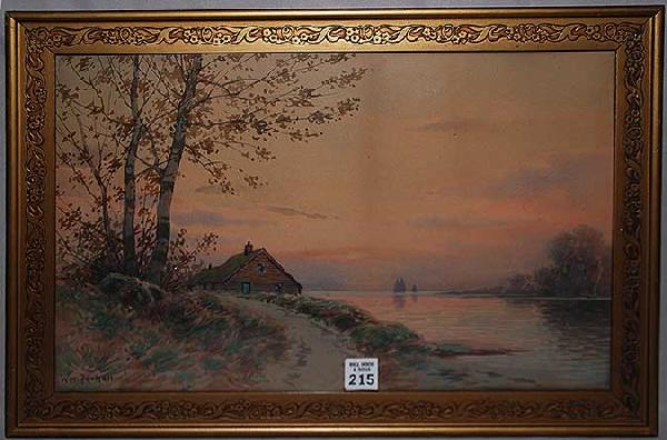 William Frederick Paskell (AMERICAN, 1866-1951) Wa: William Frederick Paskell (AMERICAN, 1866-1951) Watercolor, house by lake at sunset, 11-1/2"x17-1/2"
