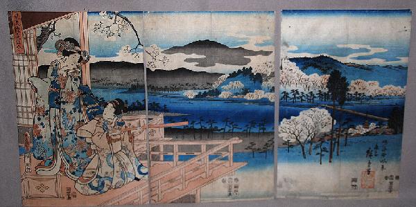 Japanese wood block Triptych Print by Ando Hiroshi: Japanese wood block Triptych Print by Ando Hiroshige & Utagawa Toyokuni lll, "The landscape at Sagano" one of a series of seven prints combining beautiful women and scenery. Series is "Furyu Genji-e a