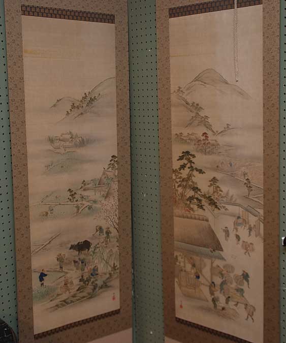 Pr. Japanese Scrolls Late EDO period. Paintings of: Pr. Japanese Scrolls Late EDO period. Paintings of farmers working in the rice field, one with rice planting and the other with harvest scene. Painted on silk by Sochu Takakura, ivory ends, Image size