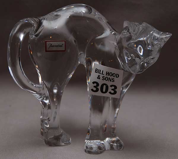 Baccarat cat with hunched back ready to attack, pa: Baccarat cat with hunched back ready to attack, paper label, 4 1/4"h x 4 3/4"L