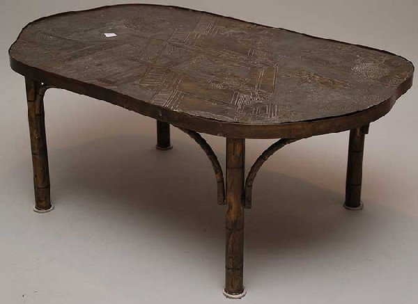 PHILIP & KELVIN LaVERNE bronze coffee table, decor: PHILIP & KELVIN LaVERNE bronze coffee table, decorated with Chinese landscapes, warriors and genre scenes, on faux-bamboo legs. Unsigned 40" long x 24"wide x 16"high