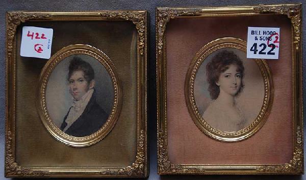 Pair of prints of man & woman in shadow box frames: Pair of prints of man & woman in shadow box frames, figures are 2 3/4"h and frames are 5 1/2"Hh x 4 1/2"L