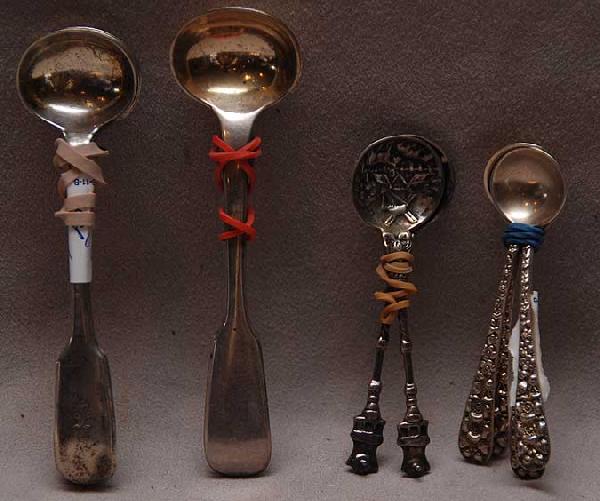 4 lots of salts; pair of Dutch sterling salt spoon: 4 lots of salts; pair of Dutch sterling salt spoons , 4 Repousse American salt spoons, pair of Victorian silver salt spoons, set of 4 Victorian salt spoons (12 total salt spoons)