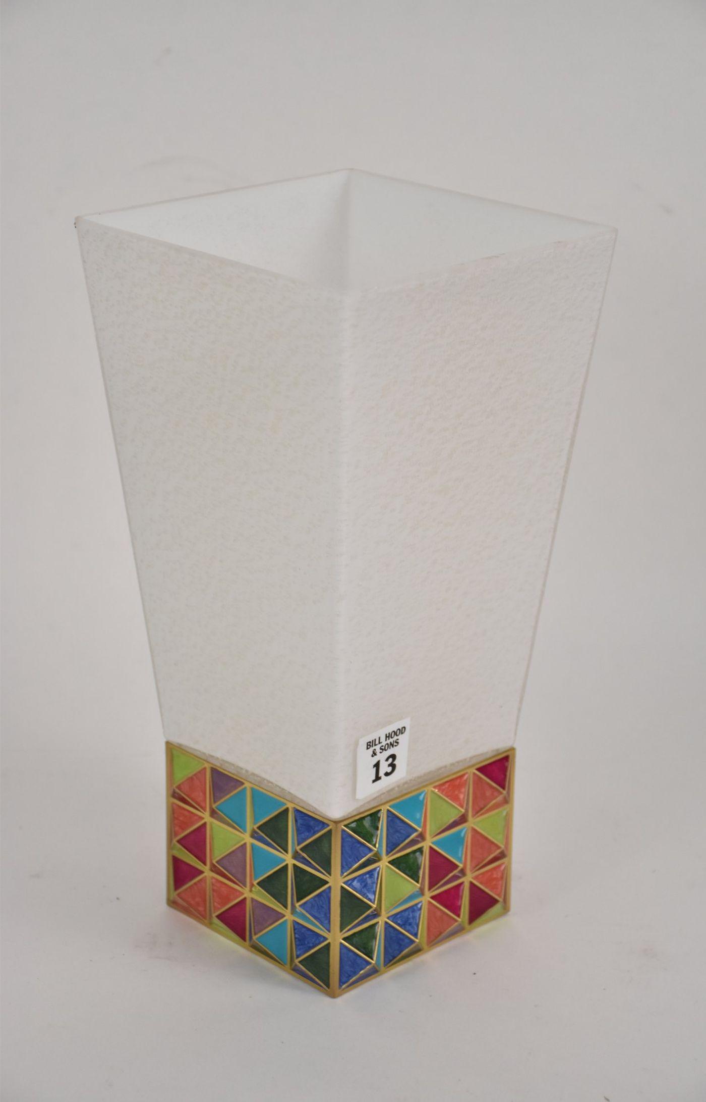 Jay Strongwater Pyramid Vase bronze & enamel base with: Jay Strongwater Pyramid Vase bronze & enamel base with art glass top. Ht. 11” Wth 5.5” With original box