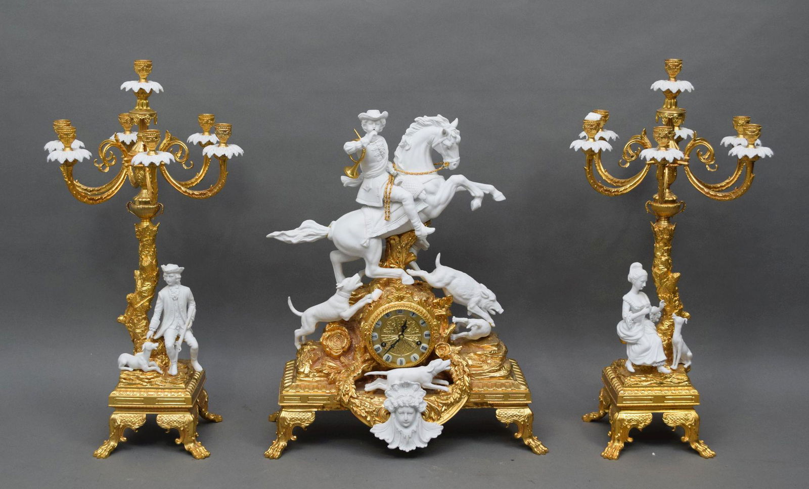 Bronze & Bisque Porcelain 3 Pieces Clock Garniture (1 of 11)