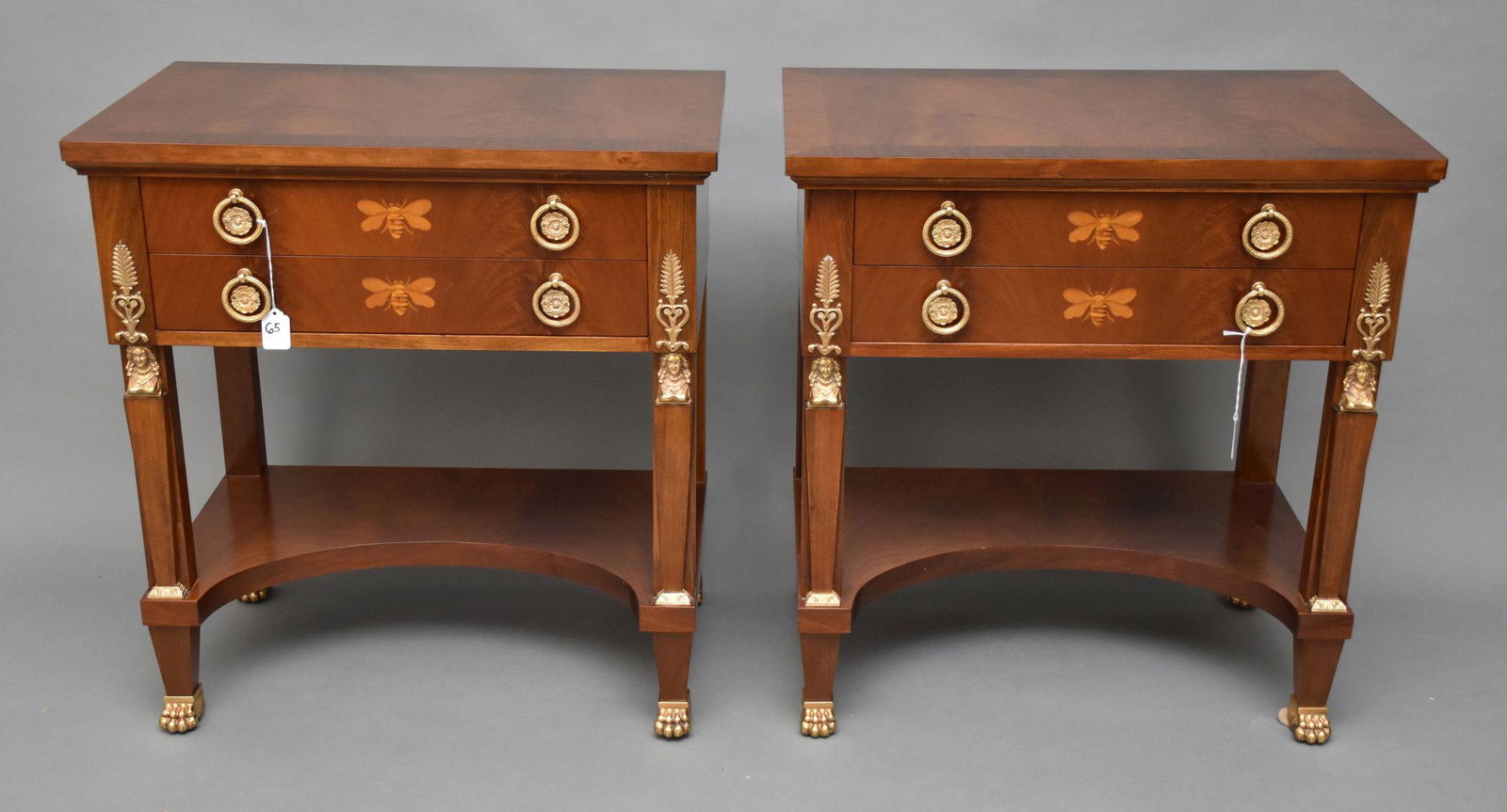 Pair Colombo Mobili Mahogany Bronze Mounted Stands with: Pair Colombo Mobili Mahogany Bronze Mounted Stands with inlaid bees. Ht. 27” Width 25.5” Depth 16”