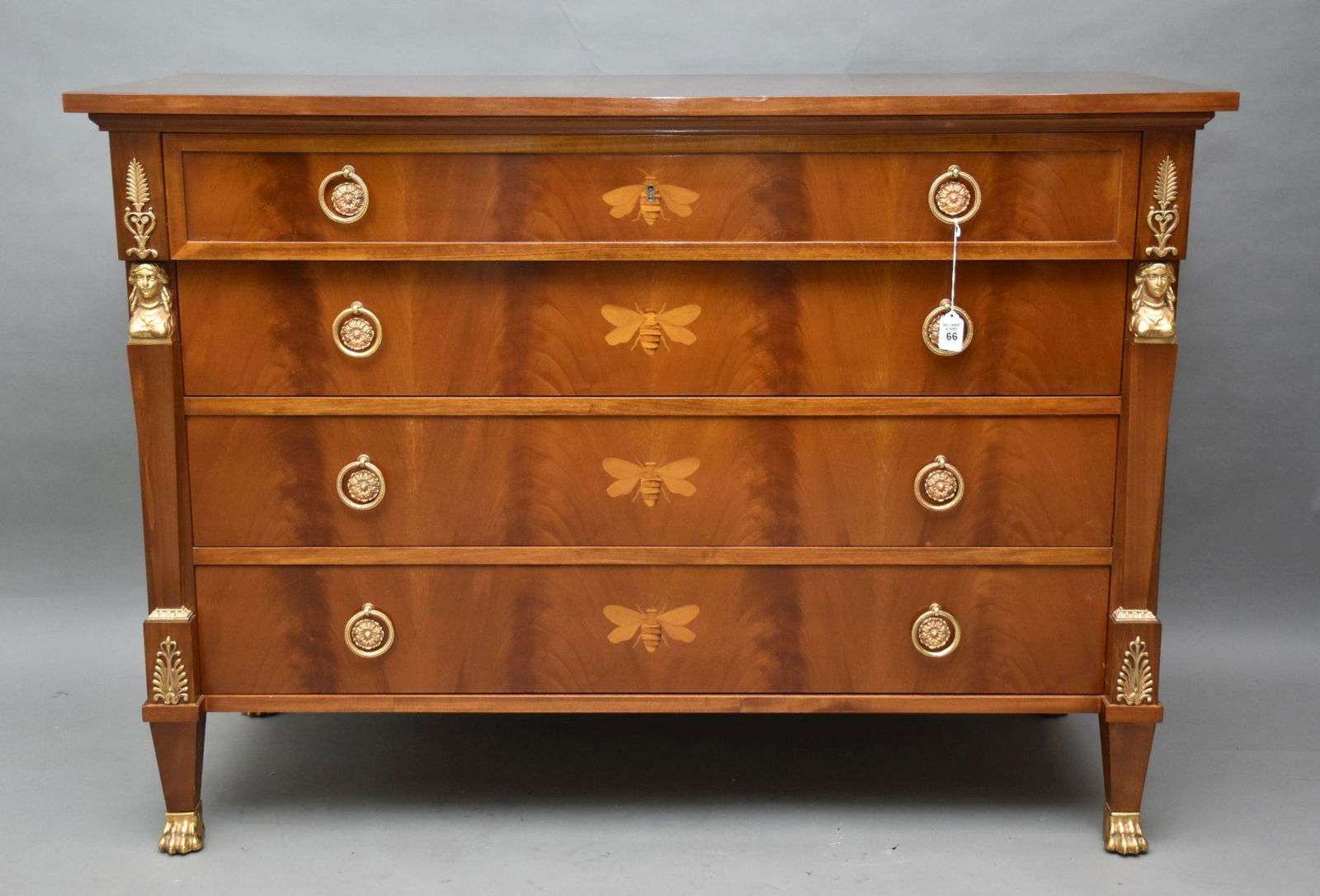 Colombo Mobili Mahogany Bronze Mounted 4 Drawer Chest: Colombo Mobili Mahogany Bronze Mounted 4 Drawer Chest with inlaid bees. Ht. 35” Width 49” Depth 21”