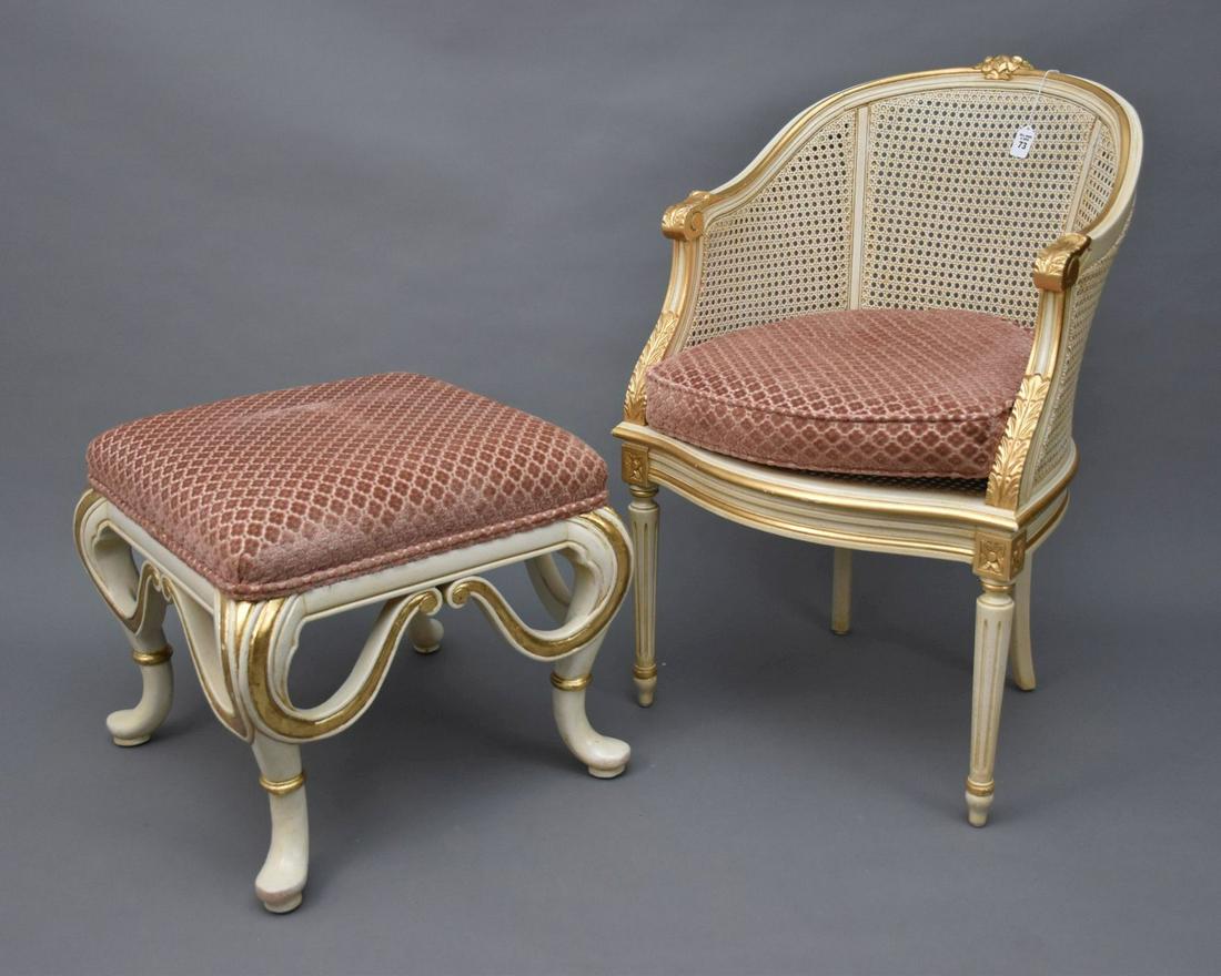 Carved Louis XV Style Painted & Gilded Caned Back Chair: Carved Louis XV Style Painted & Gilded Caned Back Chair with Stool. Ht. 35” Width 23” Depth 18” Stool Ht. 18” Width 19” Depth 19”