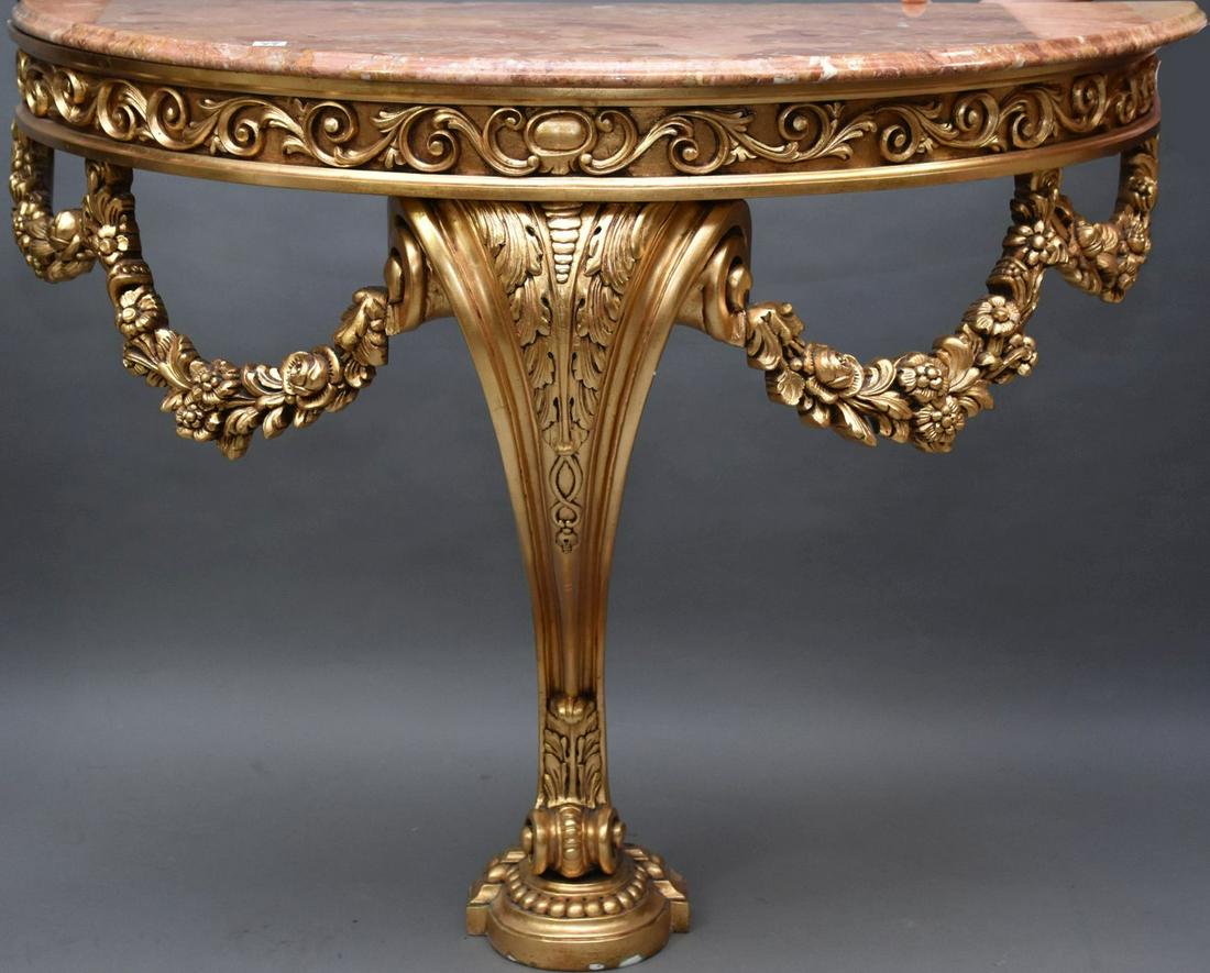 Carved Giltwood Console with marble top. Ht 35” Width: Carved Giltwood Console with marble top. Ht 35” Width 42” Depth 17”