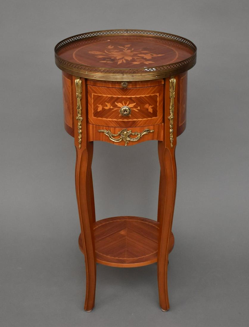 Circular Inlaid Stand with brass gallery Ht. 27”: Circular Inlaid Stand with brass gallery Ht. 27” Diameter 13.5” l