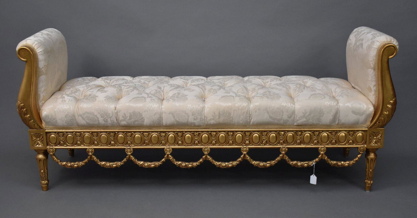 Carved Gilded And Upholstered Phillis Morris For Rob &: Carved Gilded And Upholstered Phillis Morris For Rob & Stuckey Bench Ht. 27” Width 61” Depth 18”