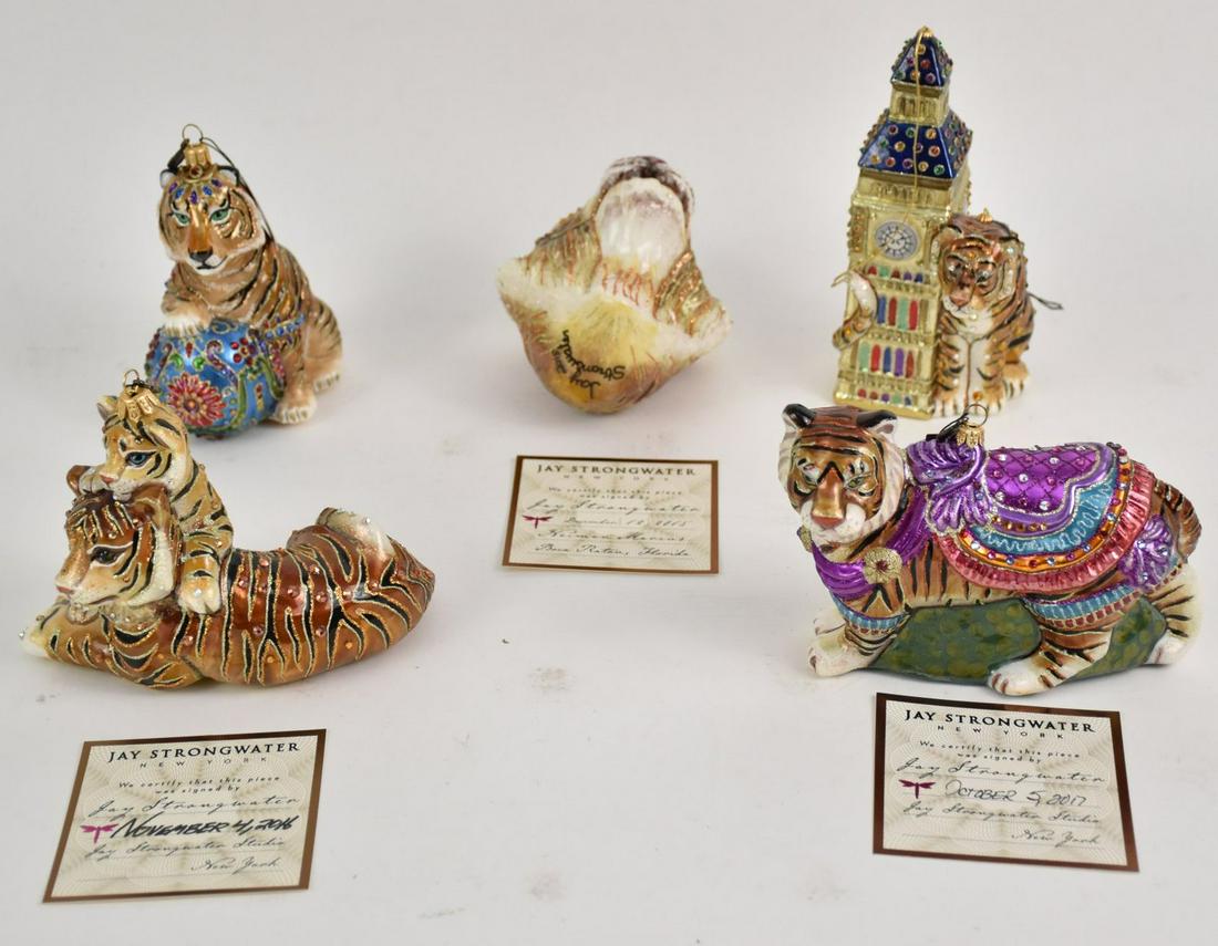 5 Jay Strongwater Glass Tiger Christmas Ornaments.: 5 Jay Strongwater Glass Tiger Christmas Ornaments. Tiger With Big Ben Ornament Ht. 7”, Tiger Head Glass Ornament signed and dated 2015. Ht. 5.5”, Tiger With Ball Glass Ornament Ht. 5.5” Mother A