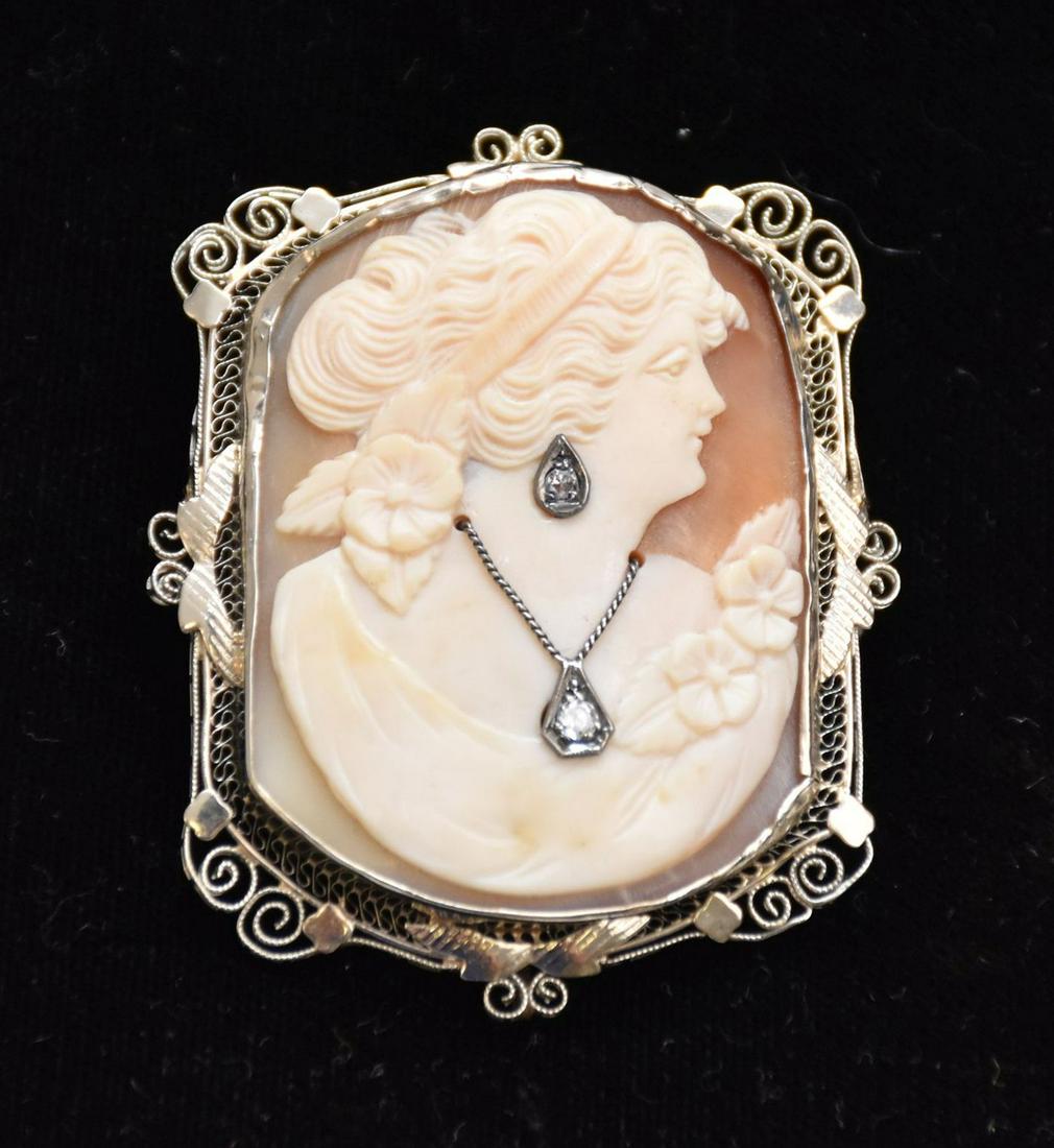 14K White Gold Large Cameo diamond Pendant Brooch. Size (1 of 3)