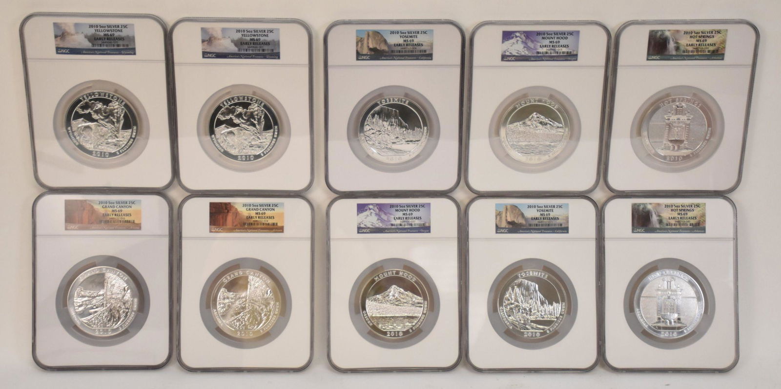 10 - 5oz Silver NGC MS69 Coins, 3"dia coin, 7 1/2"h x 5 (1 of 3)