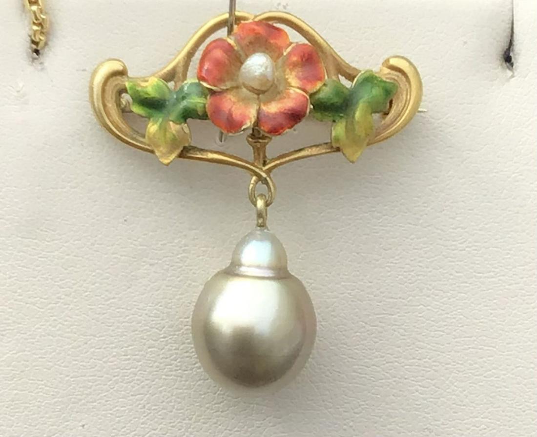 Russian Art Nouveau Gold Enamel & Pearl Brooch Russian: Russian Art Nouveau Gold Enamel & Pearl Brooch Russian art nouveau gold enamel pearls brooch stamped 56 and KF , dimensions is approx. 1-1/4 x 1-1/4 inches
