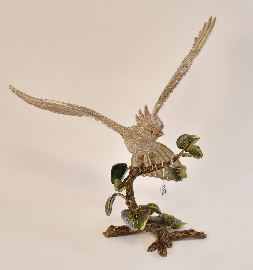 Jay Strongwater Elias Cockatoo Figurine - Beautiful: Jay Strongwater Elias Cockatoo Figurine - Beautiful Cockatoo figure with wings spread, standing upon a leaf-dappled branch. Enamel and Swarovski crystals over a gilt finish metal. From Jay Strongwater