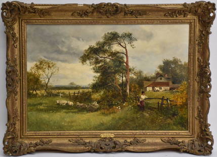 David Bates (English 840 - 1921) oil on canvas farm: David Bates (English 840 - 1921) oil on canvas farm landscape cottage figure and sheep. Worcestershire Homestead. Signed lower right and dated 1879. Canvas size 12 x 18 inches