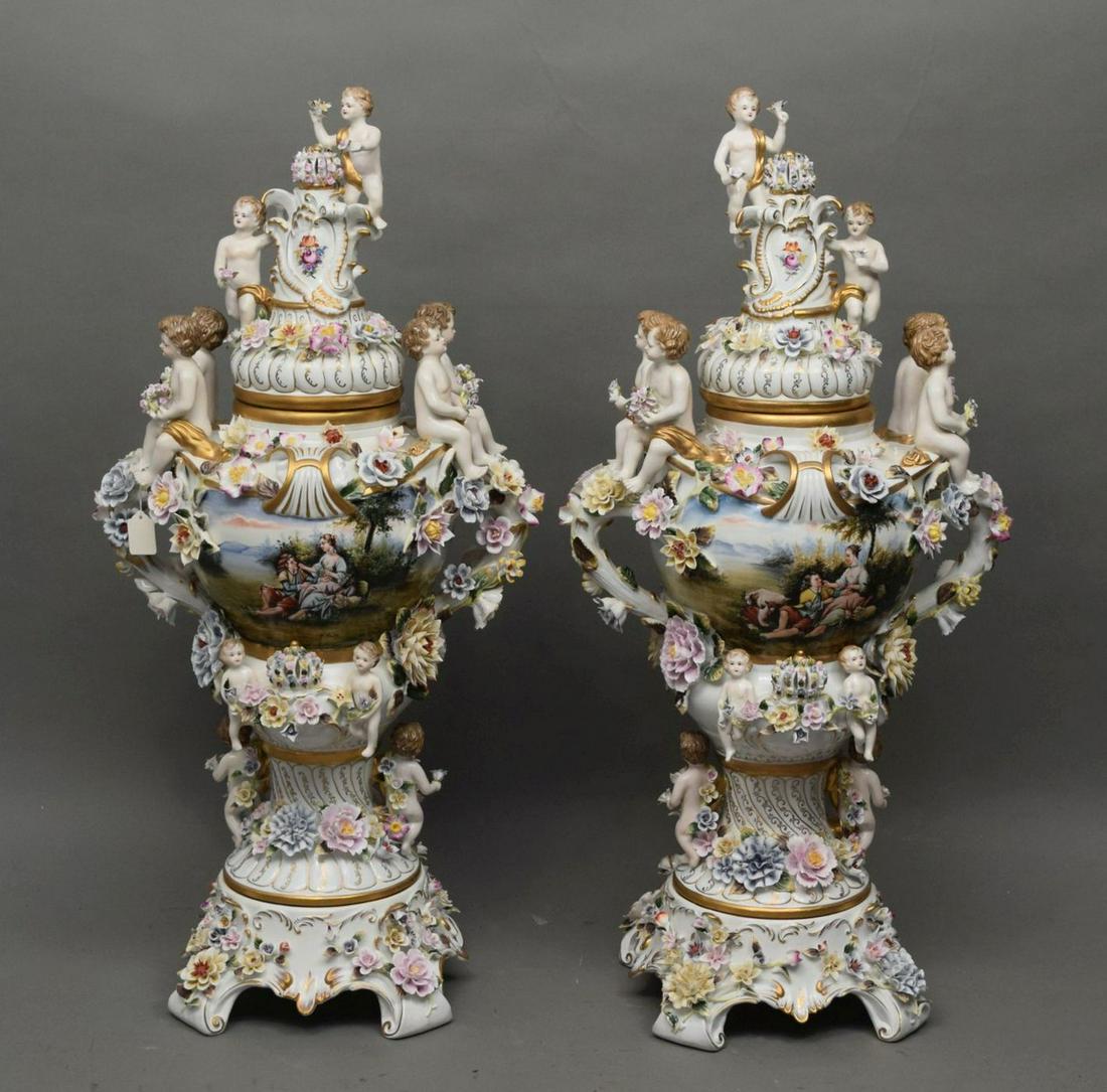 Pair Monumental Meissen Style Figural Urns.  Condition: (1 of 11)