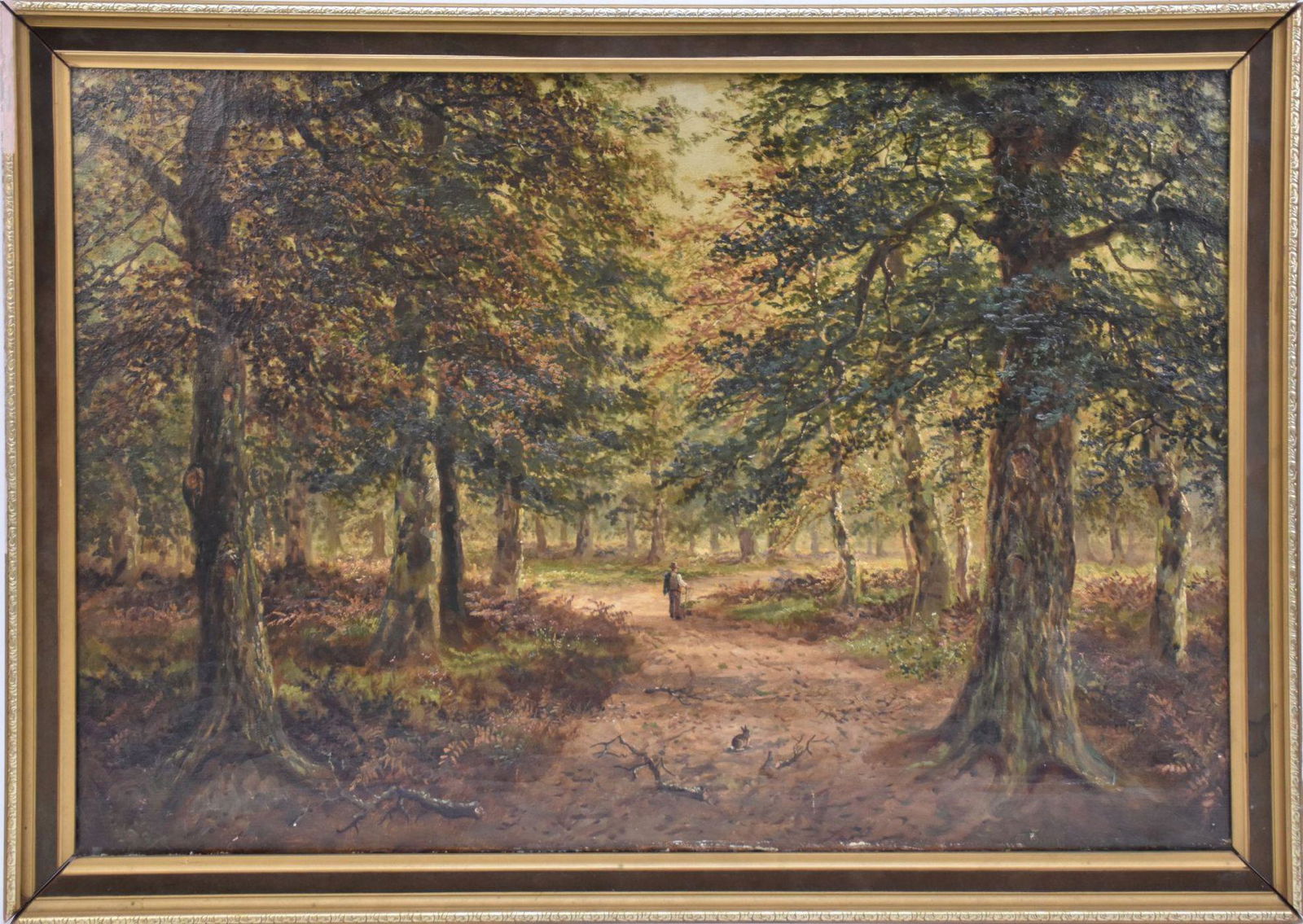 19th Century American School, oil on canvas no visible: 19th Century American School, oil on canvas no visible signature. Landscape of Man walking on path through forest as rabbit looks on. Canvas size 24 x 36 inches
