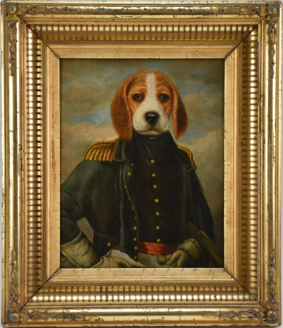 Dog Portrait in Uniform , Oil on panel signed L. (1 of 5)