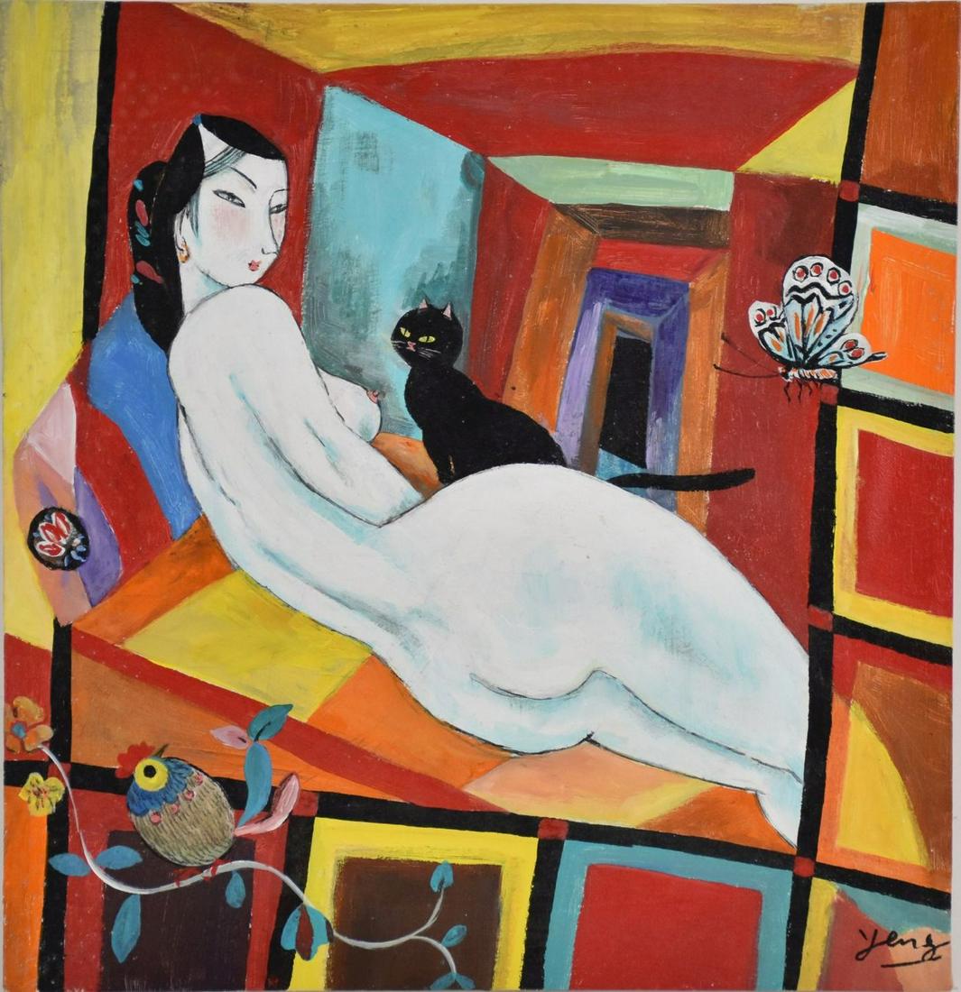 School of Walasse Ting, Acrylic on canvas, Lady and: School of Walasse Ting, Acrylic on canvas, Lady and Cat, signed illegibly, 13 x 13 inches