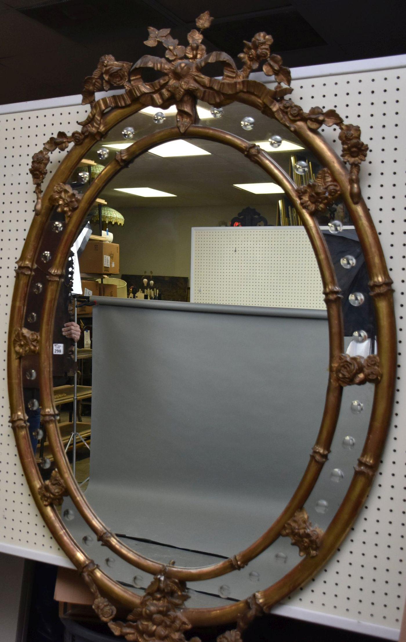 Oversized Unusual Giltwood Oval Frame Mirror with Bow & (1 of 7)