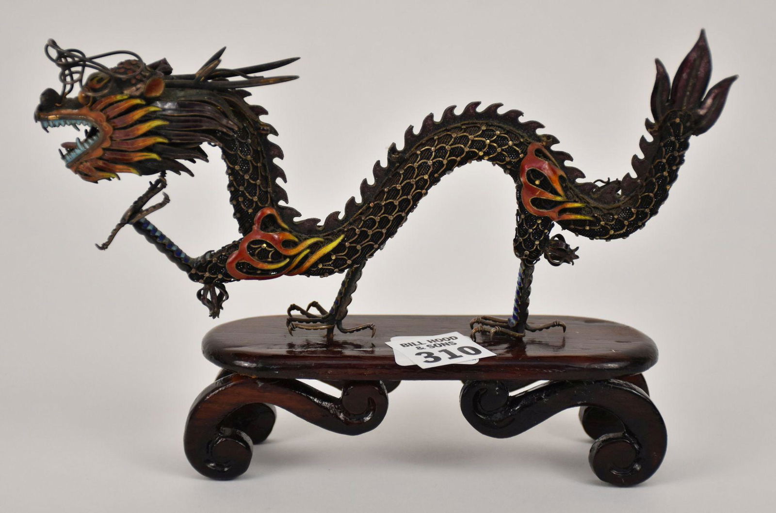 Chinese Silver and Enamel Dragon on Stand, 5"h x 7"w (1 of 6)